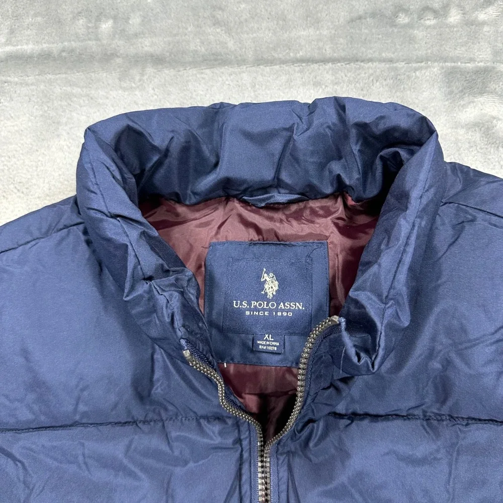 US Polo Assn Mens Puffer Vest Navy Blue Burgundy Quilted Full Zip XL 109656P2